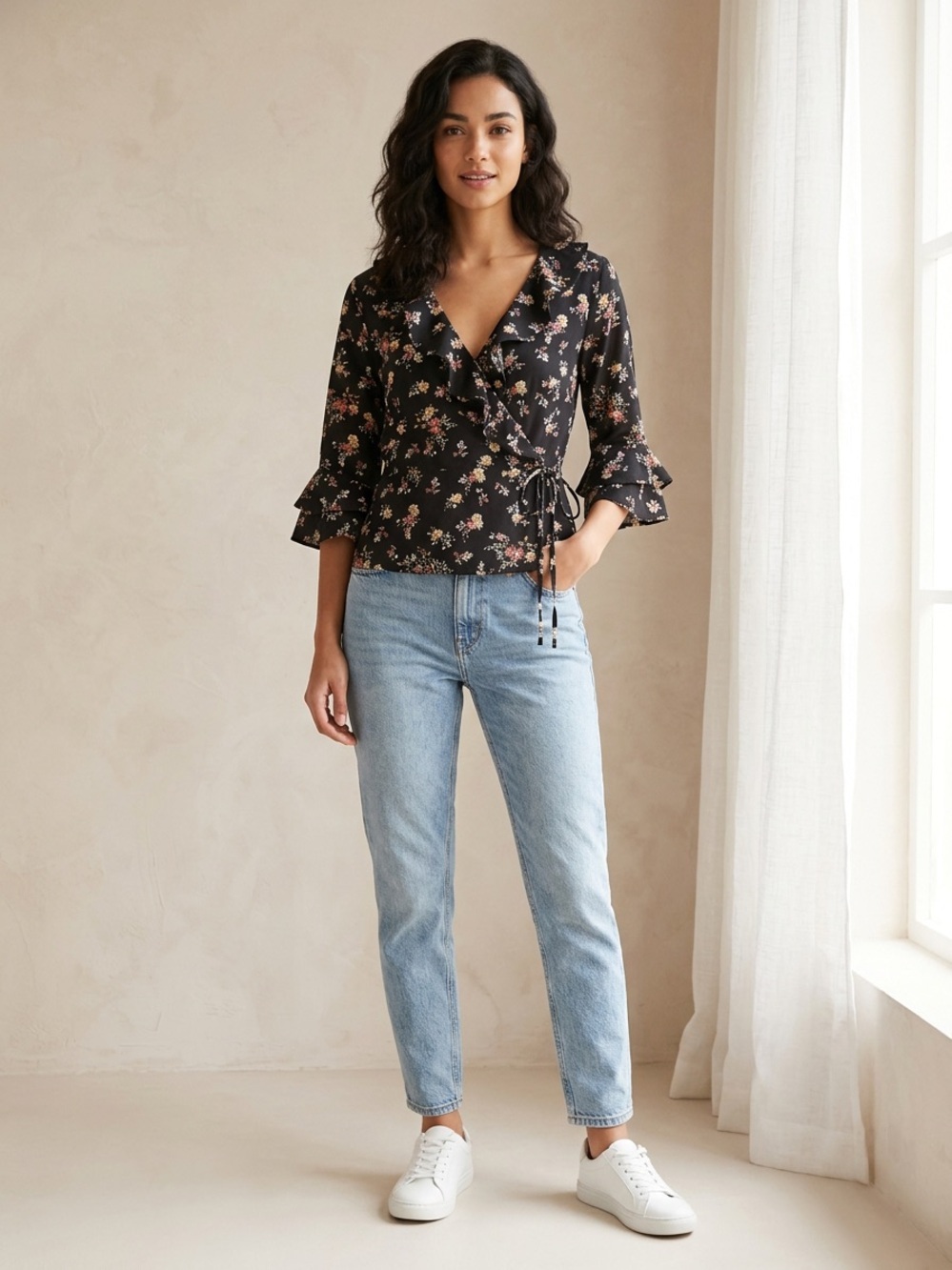 Top Shop Women’s Black Floral Wrap Around 3/4 sleeve Cotton Ruffled Blouse Sz 10